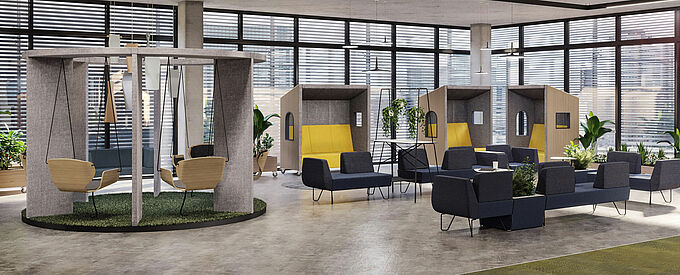 Moderne und offene Bürofläche mit verschiendenen Sitzmöglichkeiten (Schaukeln, Sessel, Boxen)