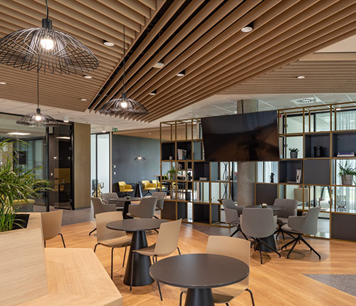 Offene Arbeits- und Aufenthaltsfläche mit Holzdecken und vielfältigen Sitzbereichen – flexible Bürogestaltung für Austausch und Rückzug.