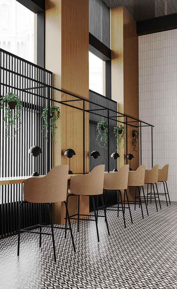 Moderne Arbeitslounge mit Holz- und Metallakzenten – durchdachte Bürogestaltung für konzentriertes Arbeiten und informellen Austausch.