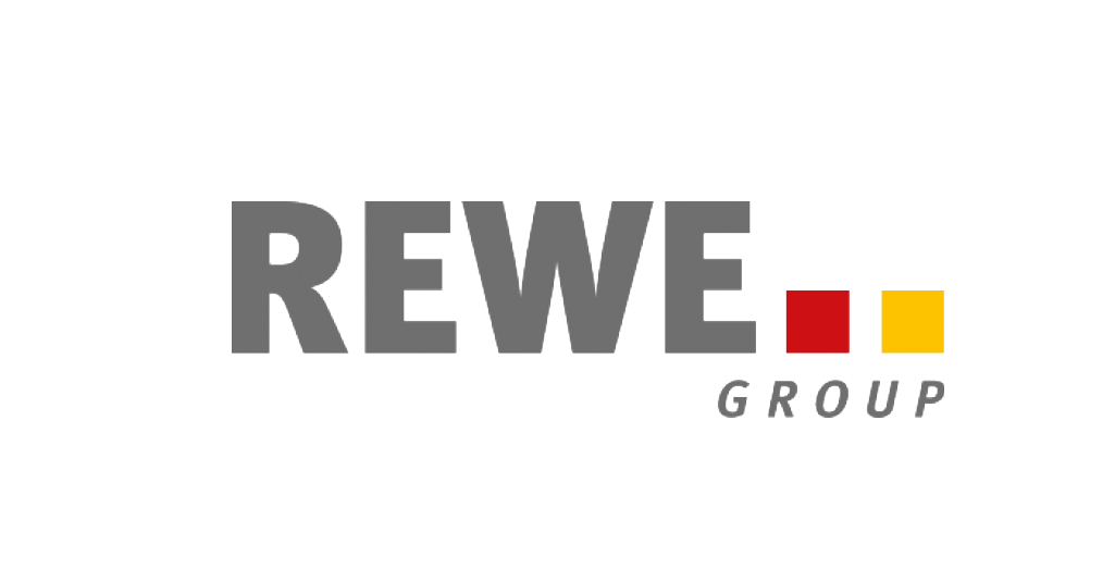 Logo Referenzkunde Rewe Group mit grauer Schrift und roten und gelben Quadraten | coneon lieferte innovatives Bürodesign