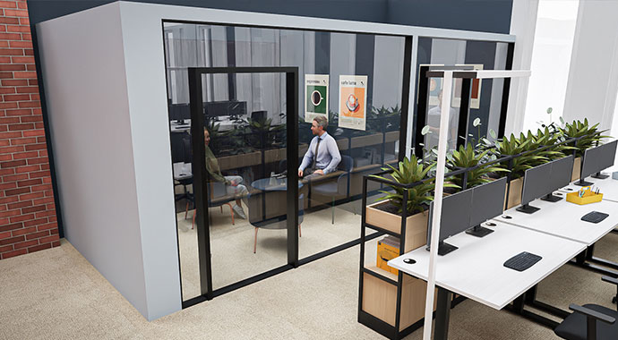 Büroplanung mit coneon: Visualisierungen Visualisierung eines abgegrenzten Konferenzraums mit Glaswand und Schreibtische