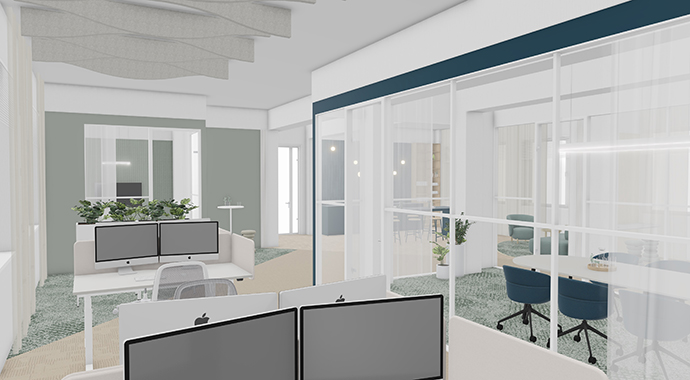 3D visualization of a modern office space with open workstations, glass meeting rooms and integrated plants creating a bright, flexible workplace environment.
