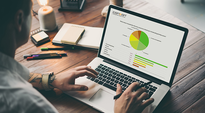 Hände arbeiten an Laptop mit buntem Kreisdiagramm