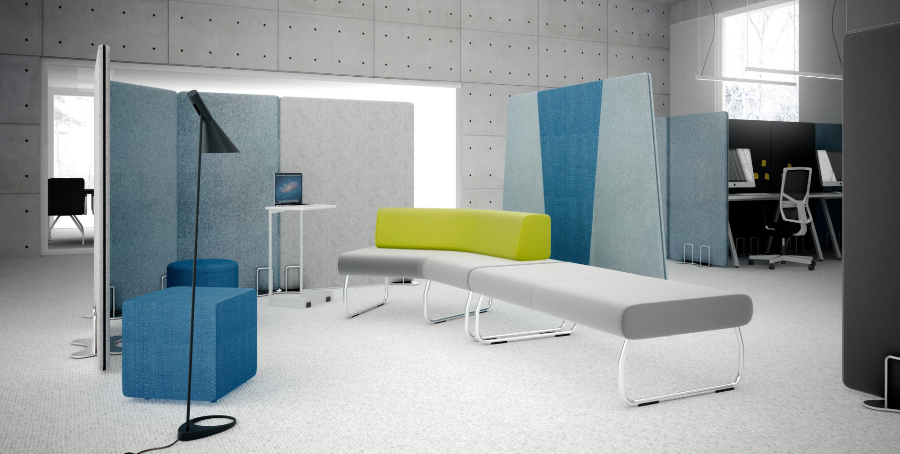 Modulare Akustikelemente und minimalistisches Loungesofa 