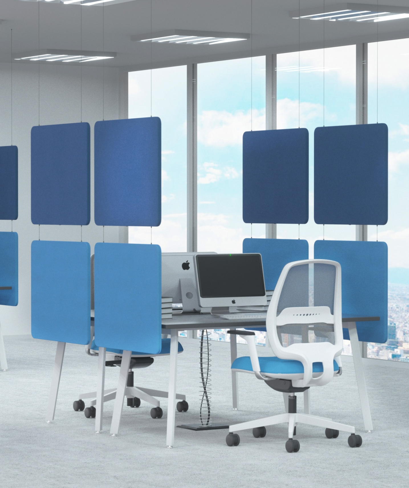 Schallabsorber im Büro Blaue Akustikwände