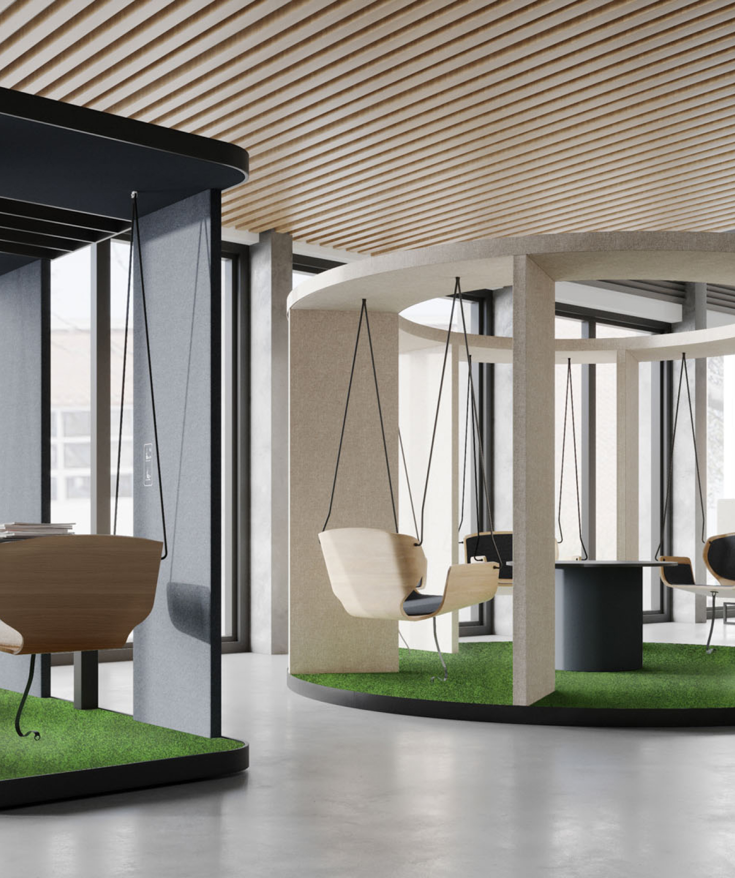 Kreative Akustiklösungen von coneon Akustikschaukel im Büro