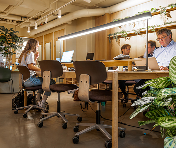 Offener Besprechungsraum mit großem Tisch, ergonomischen Stühlen und großzügigem Tageslichteinfall.