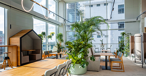 Moderne Bürofläche mit großzügigem Luftraum, integrierten Pflanzen und kombiniertem Arbeits- und Aufenthaltsbereich.