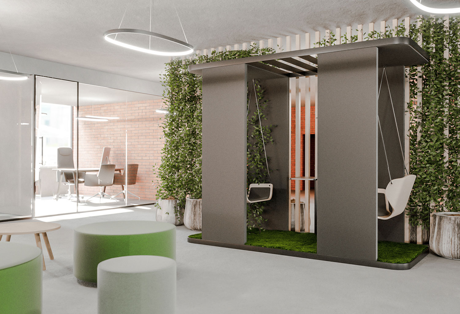 Besprechungsbox mit zwei Schaukeln als Sitzgelegenheit in offenem, modernen Büro