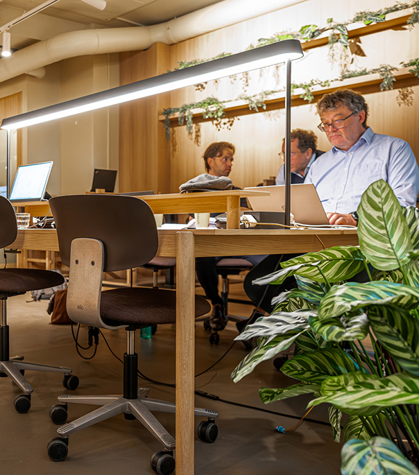 Green lounge area in a modern office with round wooden tables, representing sustainable and employee-focused office design