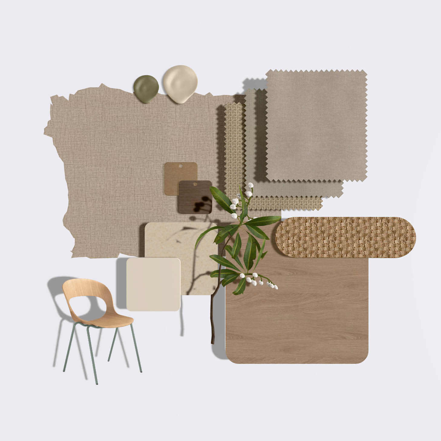 Moodboard mit warmen Holztönen, hellen Naturfarben, runden Formen und ruhiger, moderner Designsprache.