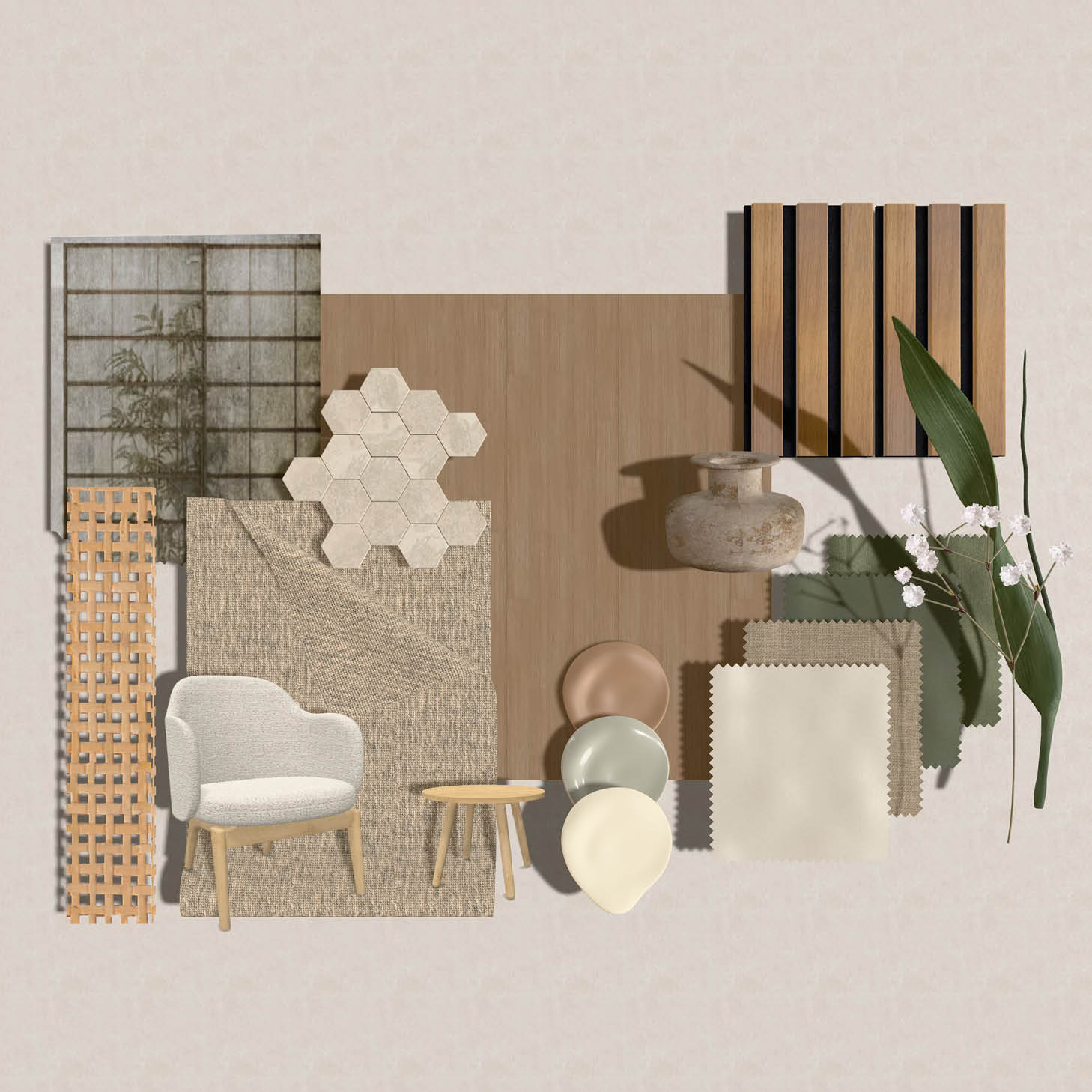 Moodboard in natürlichen Beige-, Sand- und Holztönen mit textilen Oberflächen und weicher, wohnlicher Anmutung.
