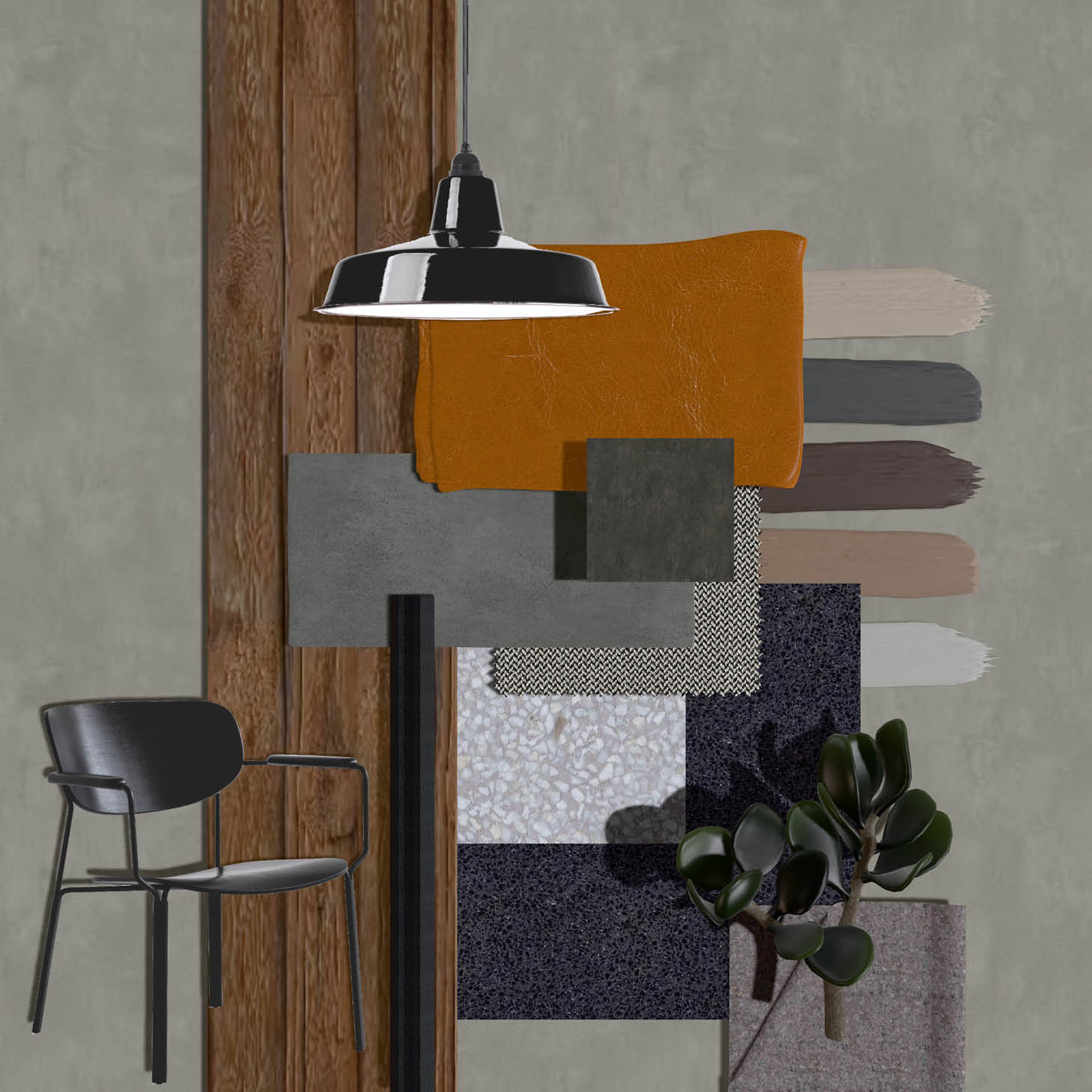 Moodboard mit reduzierter Farbpalette, Holz in Kombination mit dunklen Flächen, Metallakzenten und klaren Linien.