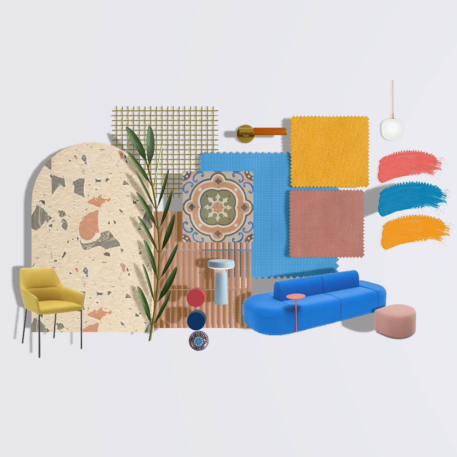 Moodboard mit lebendiger Farbpalette, grafischen Mustern, kräftigen Akzentfarben und kontrastreichen Oberflächen.