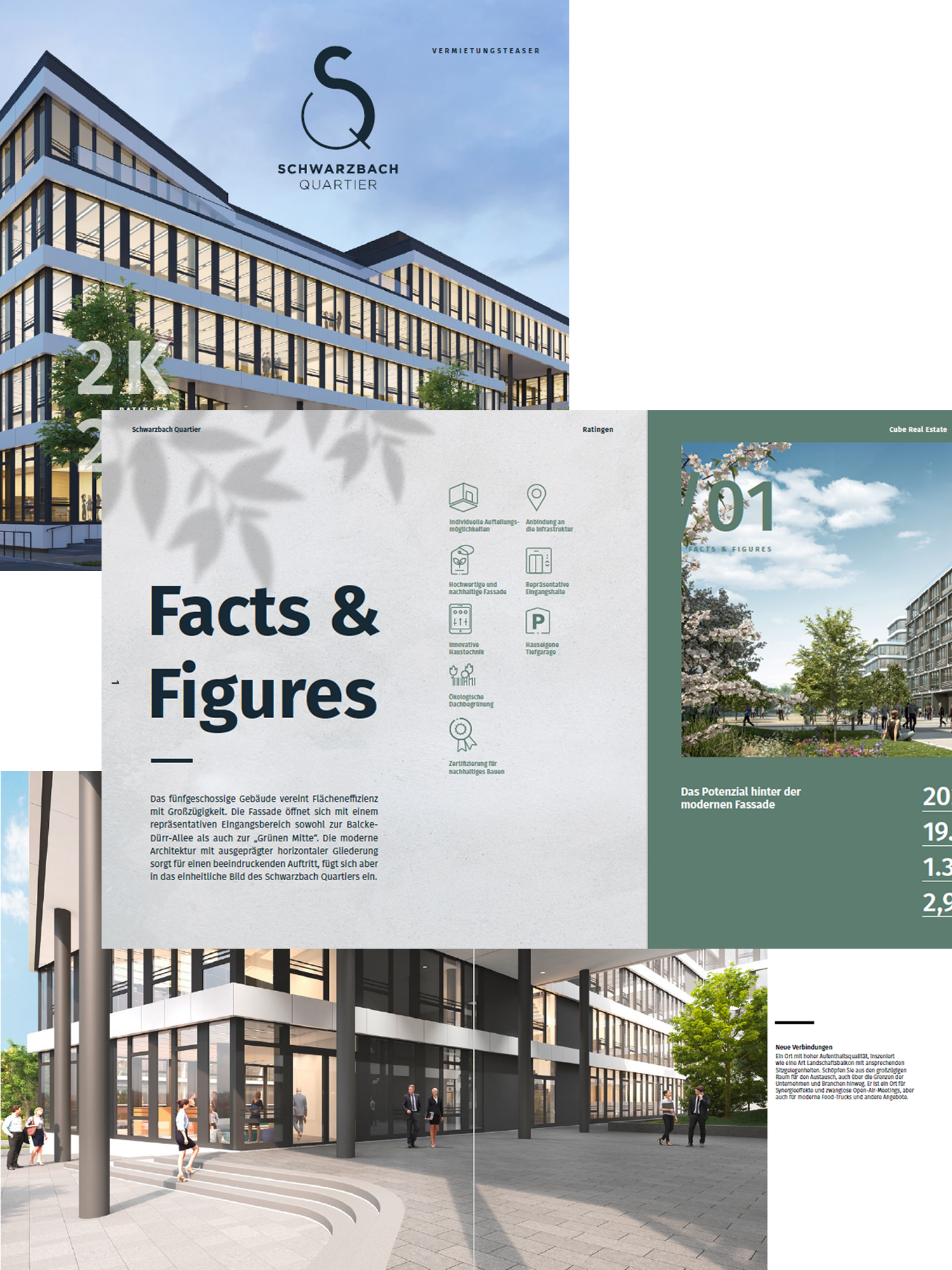 Drei Seiten aus einer Broschüre zu Immobilienberatung jeweils mit Bildern eines modernen Gebäudes und Text