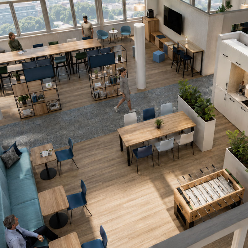 Visualisierung der geplanten KBR Arbeitswelt mit offenen Arbeitsbereichen, Loungezonen und natürlichen Materialien.