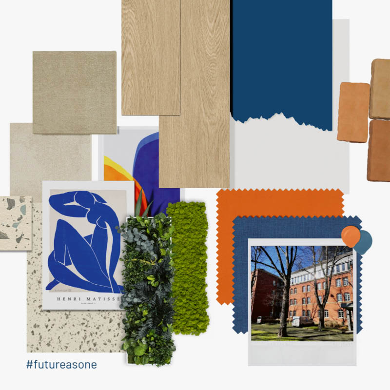 Materialcollage mit Holz, Stoffmustern, Blau- und Orangetönen sowie begrünten Oberflächen