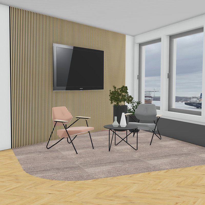 Visualisierung eines Besprechungsbereichs mit Wandpaneelen, Bildschirm, Sesseln, Beistelltischen und Tageslicht.