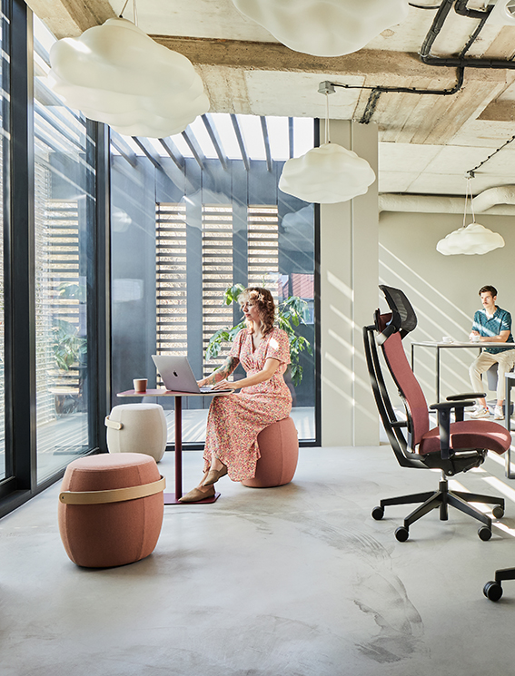 Modern office space with flexible workstations, lounge furniture and large windows, where people can work in a focused way and retreat.