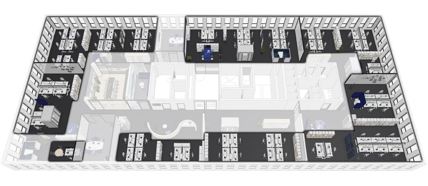 Der Grundriss eines modernen Bürogebäudes, in dem die Coworking Spaces hervorgehoben werden.