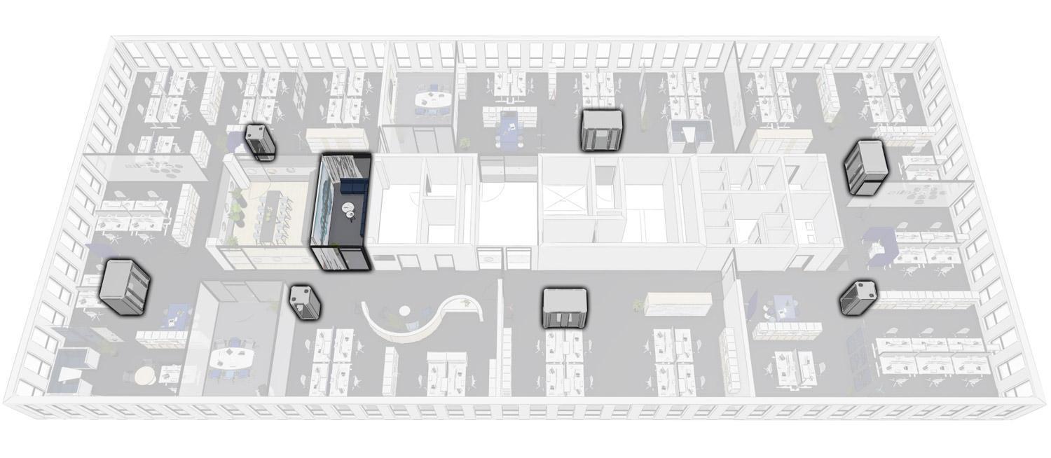 Der Grundriss eines modernen Büroraums mit privaten Kabinen und einem Aufenthaltsbereich.