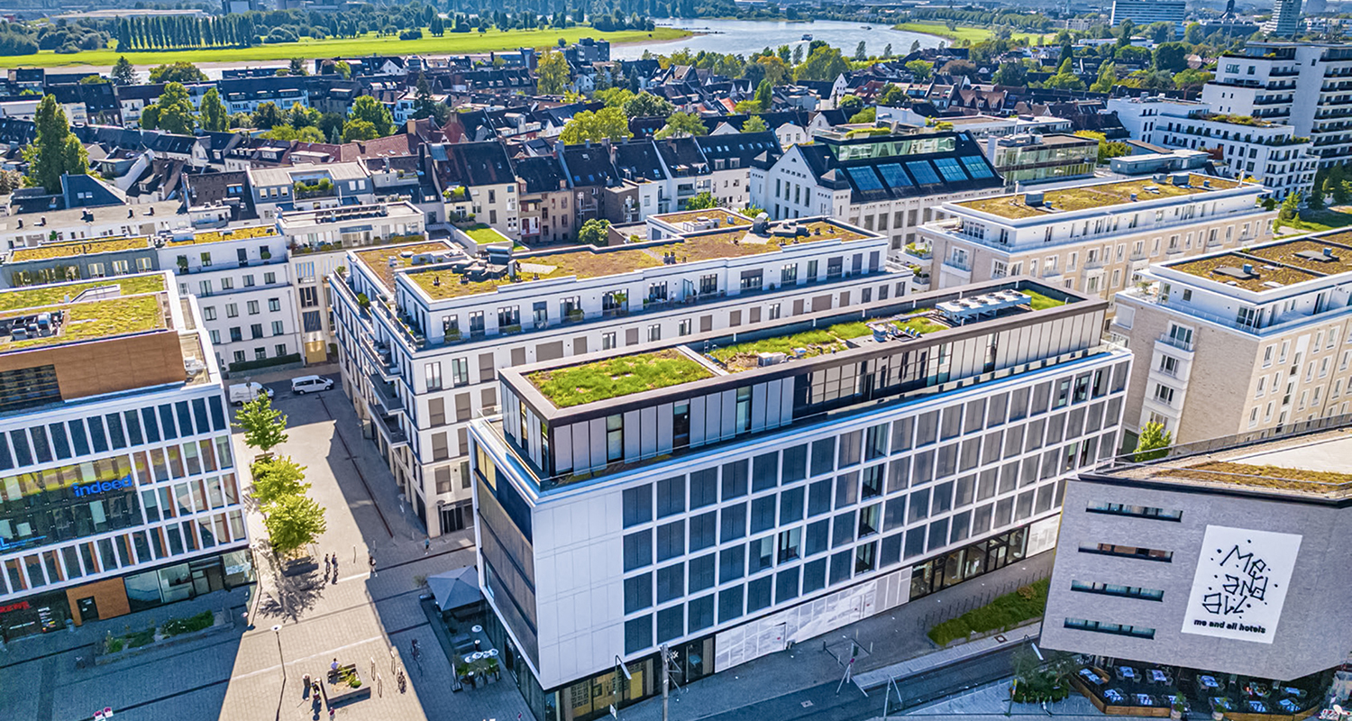 Aerial view of a modern building complex with green roofs in an urban neighbourhood; the Rhine, green spaces and the Düsseldorf skyline can be seen in the background.
